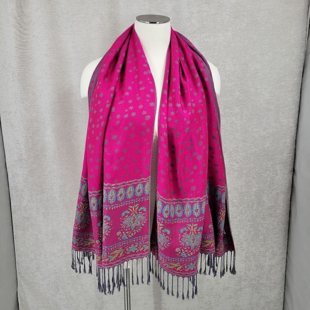 100% Cashmere Kani Shawl Scarf Vivid Pink Teal Blue with Fringe - Picture 6 of 12
